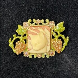 Vintage Whimsical Cat Cameo Enamel Rhinestone Brooch By Kirks Folly